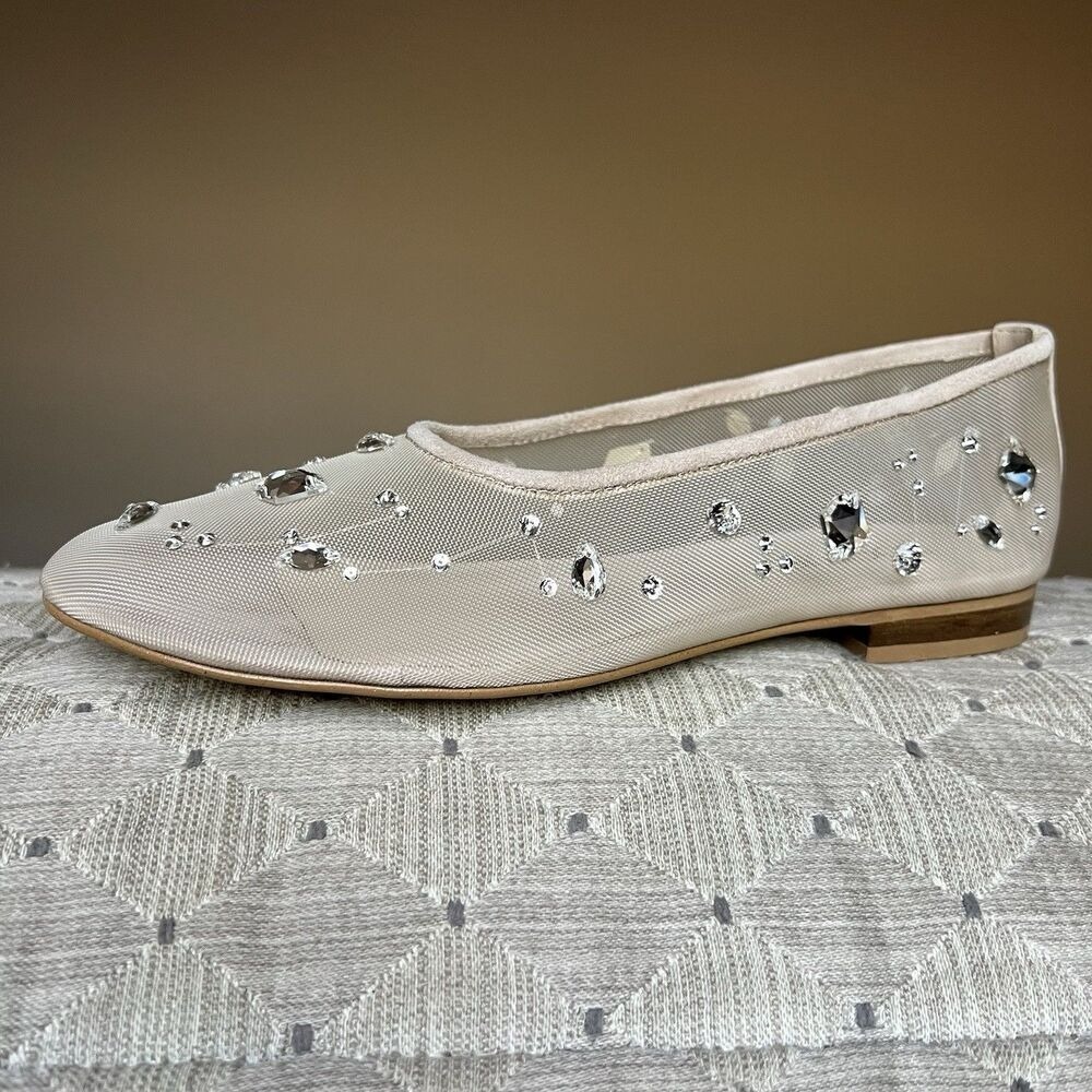 NEW Lookie Atelier Nude Mesh Ballet Flat Shoes EU 38 US 7 Stone Accents Neutral
